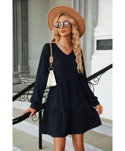 Womens Long Sleeve Casual Fall Tunic Dress Solid Color V-Neck Loose Fit Flowy Swing Tiered Dress Dark Navy $22.41 Dresses