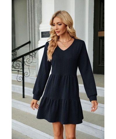 Womens Long Sleeve Casual Fall Tunic Dress Solid Color V-Neck Loose Fit Flowy Swing Tiered Dress Dark Navy $22.41 Dresses