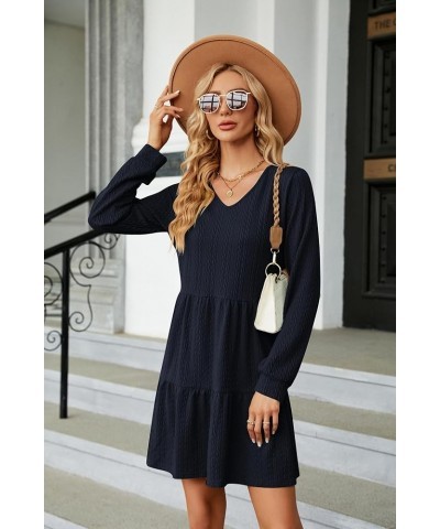 Womens Long Sleeve Casual Fall Tunic Dress Solid Color V-Neck Loose Fit Flowy Swing Tiered Dress Dark Navy $22.41 Dresses