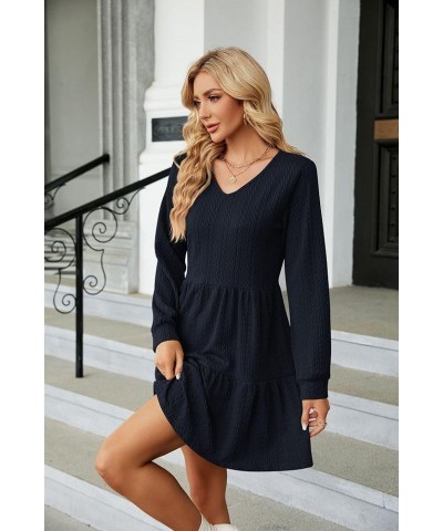 Womens Long Sleeve Casual Fall Tunic Dress Solid Color V-Neck Loose Fit Flowy Swing Tiered Dress Dark Navy $22.41 Dresses