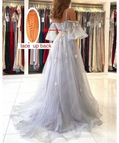 Off The Shoulder Lace Appliques Prom Dresses Long 2023 Tulle Corset Puffy Sleeve Formal Evening Gowns Silver $38.25 Dresses