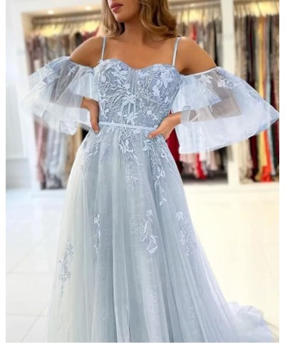 Off The Shoulder Lace Appliques Prom Dresses Long 2023 Tulle Corset Puffy Sleeve Formal Evening Gowns Silver $38.25 Dresses