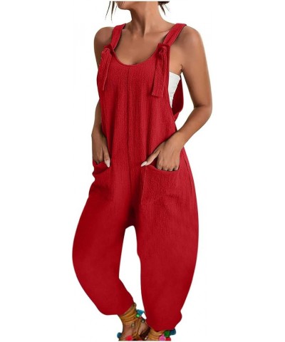 Jumpsuits for Women Summer Wide Leg Bib Pants Casual Loose Overalls Cotton Linen Pants Plus Size Rompers with Pockets B Red $...