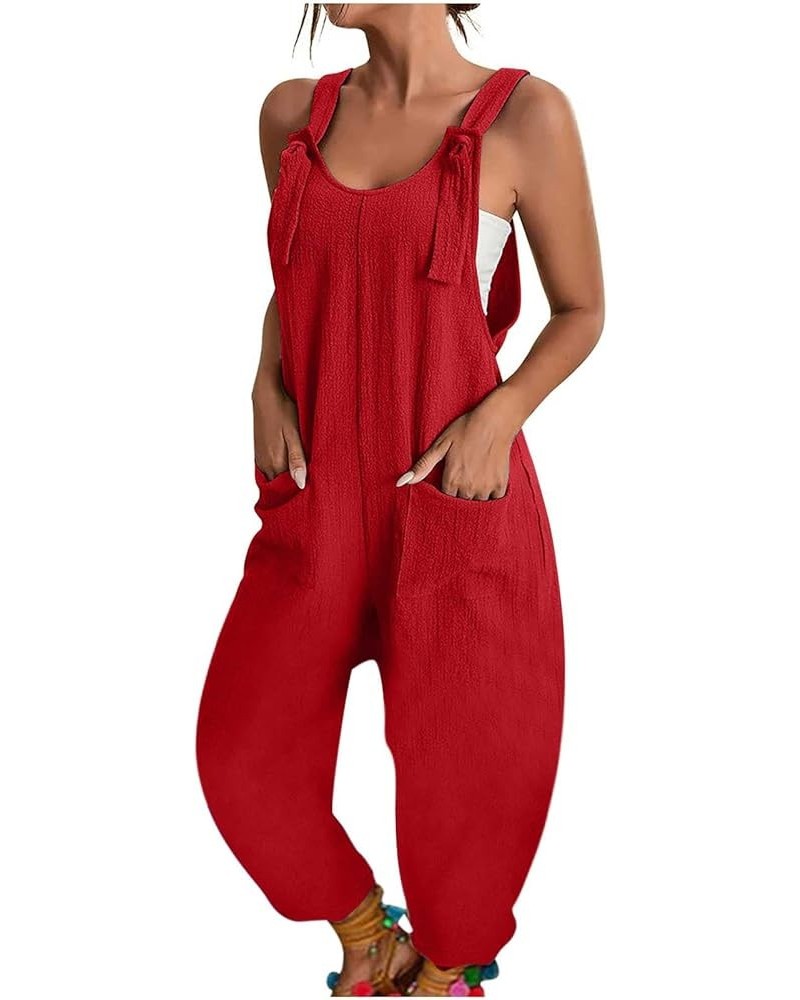 Jumpsuits for Women Summer Wide Leg Bib Pants Casual Loose Overalls Cotton Linen Pants Plus Size Rompers with Pockets B Red $...