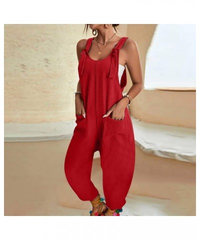 Jumpsuits for Women Summer Wide Leg Bib Pants Casual Loose Overalls Cotton Linen Pants Plus Size Rompers with Pockets B Red $...