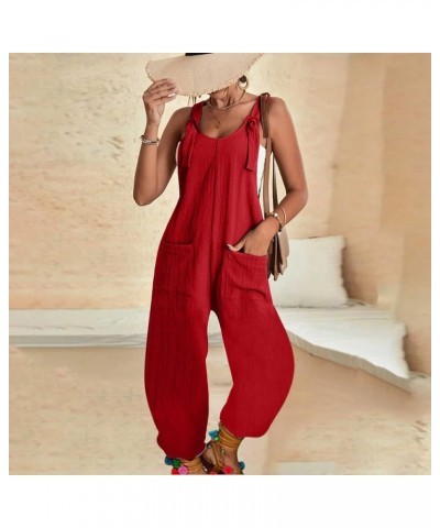 Jumpsuits for Women Summer Wide Leg Bib Pants Casual Loose Overalls Cotton Linen Pants Plus Size Rompers with Pockets B Red $...