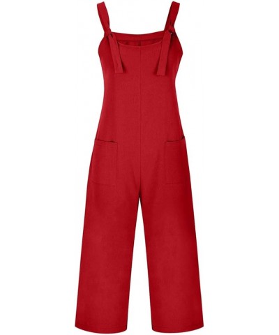 Jumpsuits for Women Summer Wide Leg Bib Pants Casual Loose Overalls Cotton Linen Pants Plus Size Rompers with Pockets B Red $...