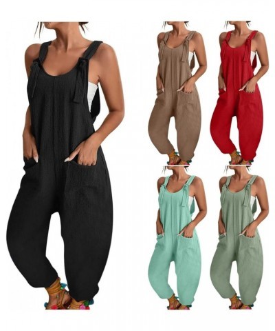 Jumpsuits for Women Summer Wide Leg Bib Pants Casual Loose Overalls Cotton Linen Pants Plus Size Rompers with Pockets B Red $...