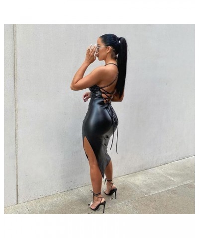 Women Faux Leather Dress Sleeveless Backless Bandage Bodycon Split Midi Dresses Party Cocktail Black $18.87 Dresses