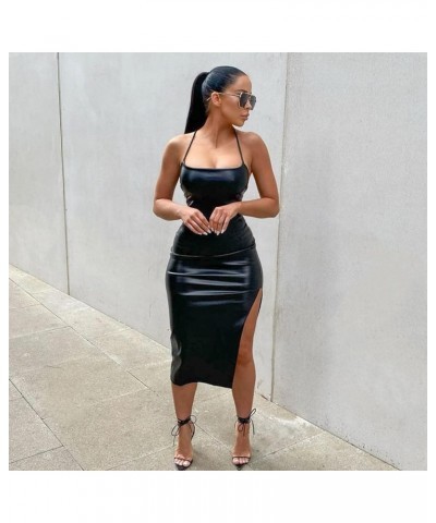 Women Faux Leather Dress Sleeveless Backless Bandage Bodycon Split Midi Dresses Party Cocktail Black $18.87 Dresses