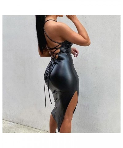 Women Faux Leather Dress Sleeveless Backless Bandage Bodycon Split Midi Dresses Party Cocktail Black $18.87 Dresses