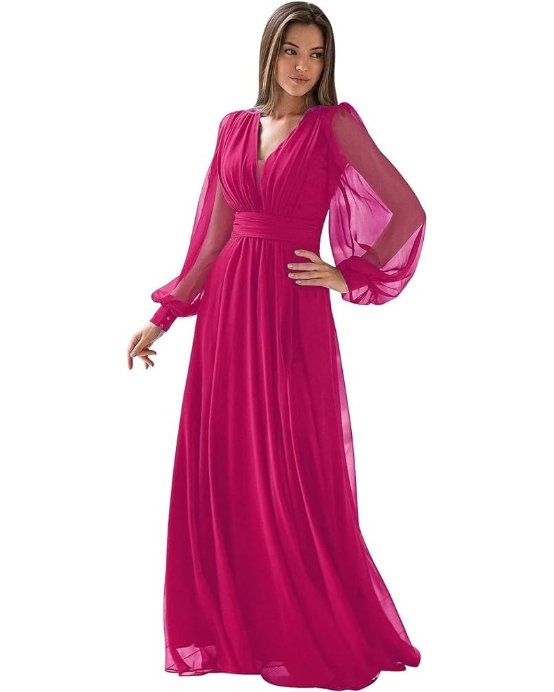 Long Sleeve Bridesmaid Dresses for Women V-Neck Formal Dress Pleated A Line Chiffon Evening Prom Gown Fuchsia $29.90 Dresses