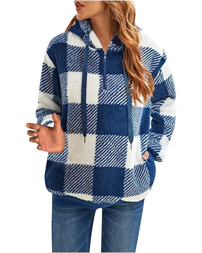 Fleece Hoodies For Women 2023 Fashion Fuzzy Warm Cozy Sherpa Oversized Sweatshirt 1/4 Zip Plaid Pullover Jacket Tops 02✡blue ...