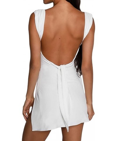 Women Square Neck Mini Dress Sleeveless Bodycon Sexy Ruched Short Dresses Strappy Cute Pleated Mini Dress Y2k E Square White ...