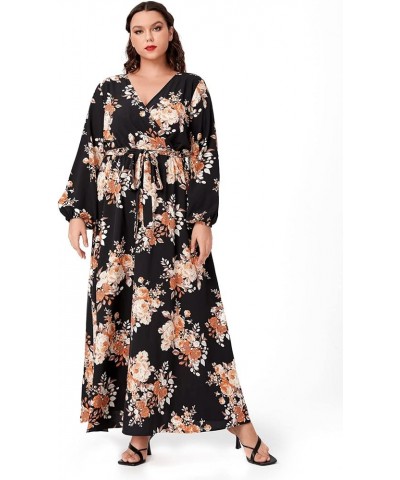 Women's Plus Size Floral Print V Neck Belted Bishop Long Sleeve Dress White Leaves and Yellow Flowers $20.24 Dresses