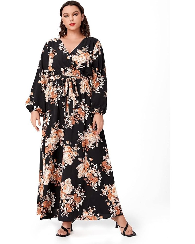 Women's Plus Size Floral Print V Neck Belted Bishop Long Sleeve Dress White Leaves and Yellow Flowers $20.24 Dresses