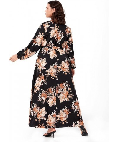 Women's Plus Size Floral Print V Neck Belted Bishop Long Sleeve Dress White Leaves and Yellow Flowers $20.24 Dresses