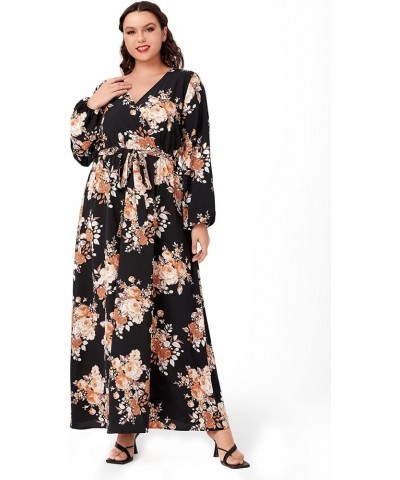 Women's Plus Size Floral Print V Neck Belted Bishop Long Sleeve Dress White Leaves and Yellow Flowers $20.24 Dresses