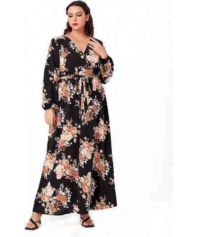 Women's Plus Size Floral Print V Neck Belted Bishop Long Sleeve Dress White Leaves and Yellow Flowers $20.24 Dresses