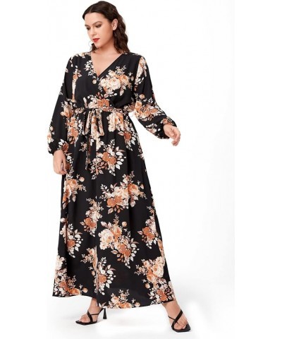 Women's Plus Size Floral Print V Neck Belted Bishop Long Sleeve Dress White Leaves and Yellow Flowers $20.24 Dresses