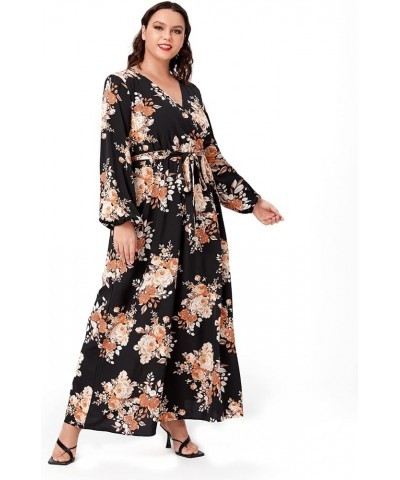 Women's Plus Size Floral Print V Neck Belted Bishop Long Sleeve Dress White Leaves and Yellow Flowers $20.24 Dresses