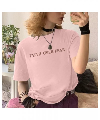 Faith Over Fear Tshirt Women Oversized Christian Religious Sayings Tees Drop Shoulder Tee Tops Pink $10.18 T-Shirts