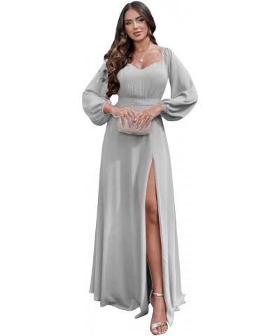 Long Sleeve Bridesmaid Dresses 2023 Chiffon Sweetheart Off The Shoulder Formal Evening Dresses with Slit Silver $30.24 Dresses