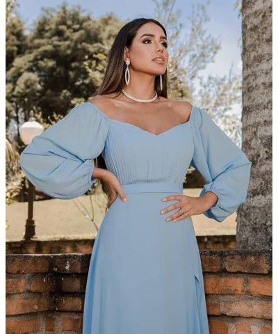 Long Sleeve Bridesmaid Dresses 2023 Chiffon Sweetheart Off The Shoulder Formal Evening Dresses with Slit Silver $30.24 Dresses