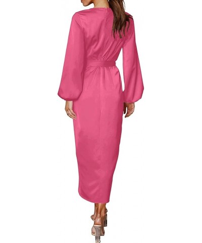 Women's Satin Wrap V Neck Lantern Long Sleeve Tie Waist Split Elegant Midi Dress Rose $30.59 Dresses