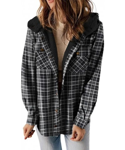 Womens Flannel Jacket Plaid Long Sleeve Button Down Fleece Hooded Jackets Warm Coat Fall 2023 Black $14.57 Jackets