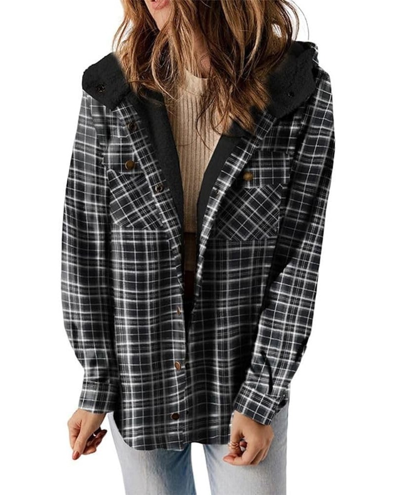 Womens Flannel Jacket Plaid Long Sleeve Button Down Fleece Hooded Jackets Warm Coat Fall 2023 Black $14.57 Jackets