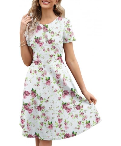 Women's Elegant Vintage Cotton Casual Floral Print Work Party A-Line Swing Dress with Pockets 162 Pink Green $20.13 Dresses