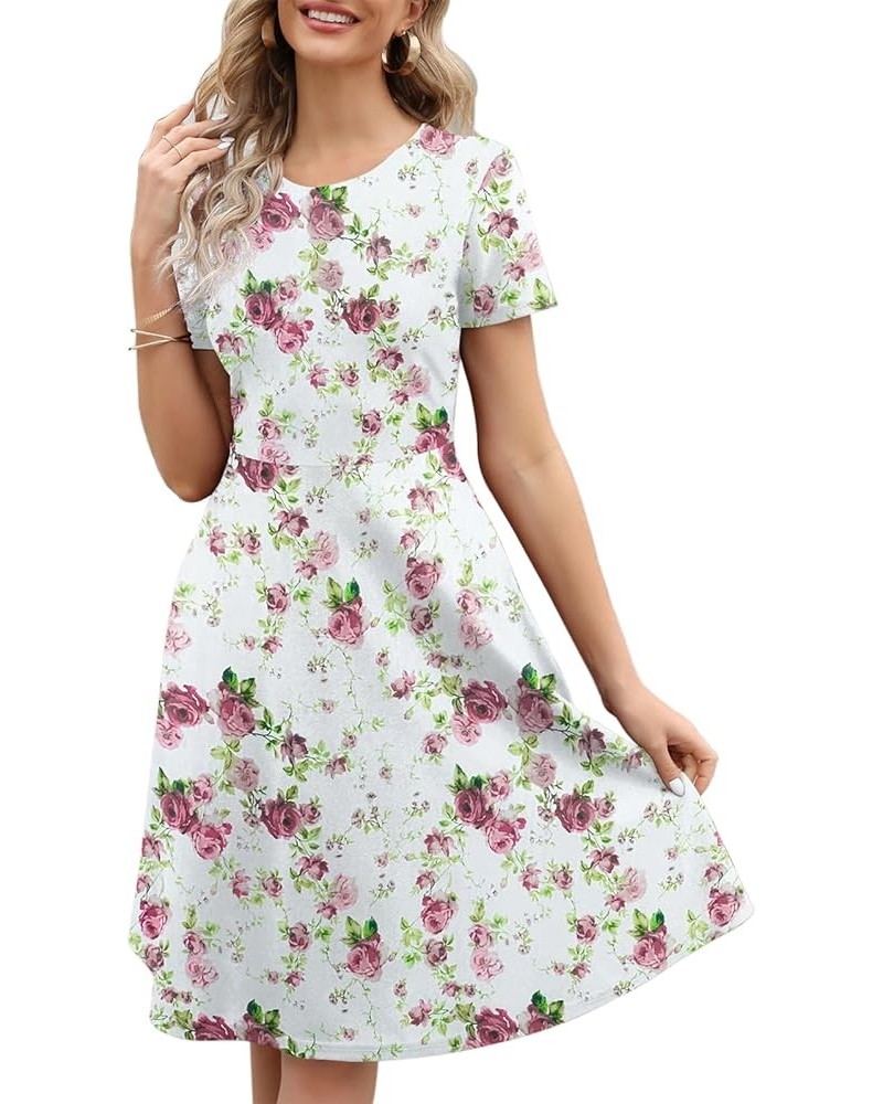 Women's Elegant Vintage Cotton Casual Floral Print Work Party A-Line Swing Dress with Pockets 162 Pink Green $20.13 Dresses