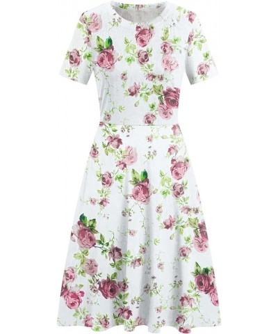 Women's Elegant Vintage Cotton Casual Floral Print Work Party A-Line Swing Dress with Pockets 162 Pink Green $20.13 Dresses