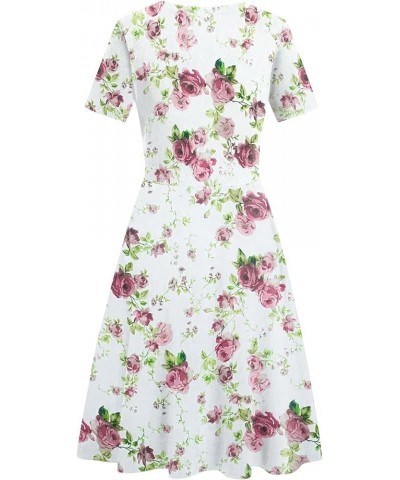 Women's Elegant Vintage Cotton Casual Floral Print Work Party A-Line Swing Dress with Pockets 162 Pink Green $20.13 Dresses