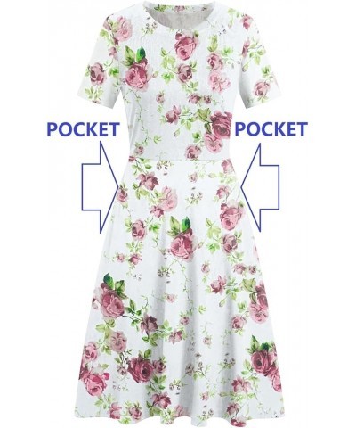 Women's Elegant Vintage Cotton Casual Floral Print Work Party A-Line Swing Dress with Pockets 162 Pink Green $20.13 Dresses