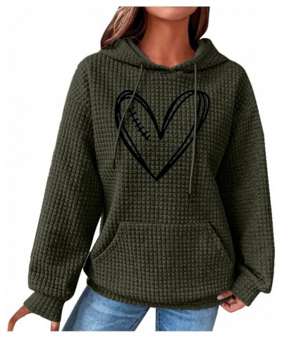 Womens Cute Waffle Knit Hoodies Casual Heart Print Long Sleeve Tops Drawstring Oversized Graphic Cotton Sweatshirt 1 Army Gre...