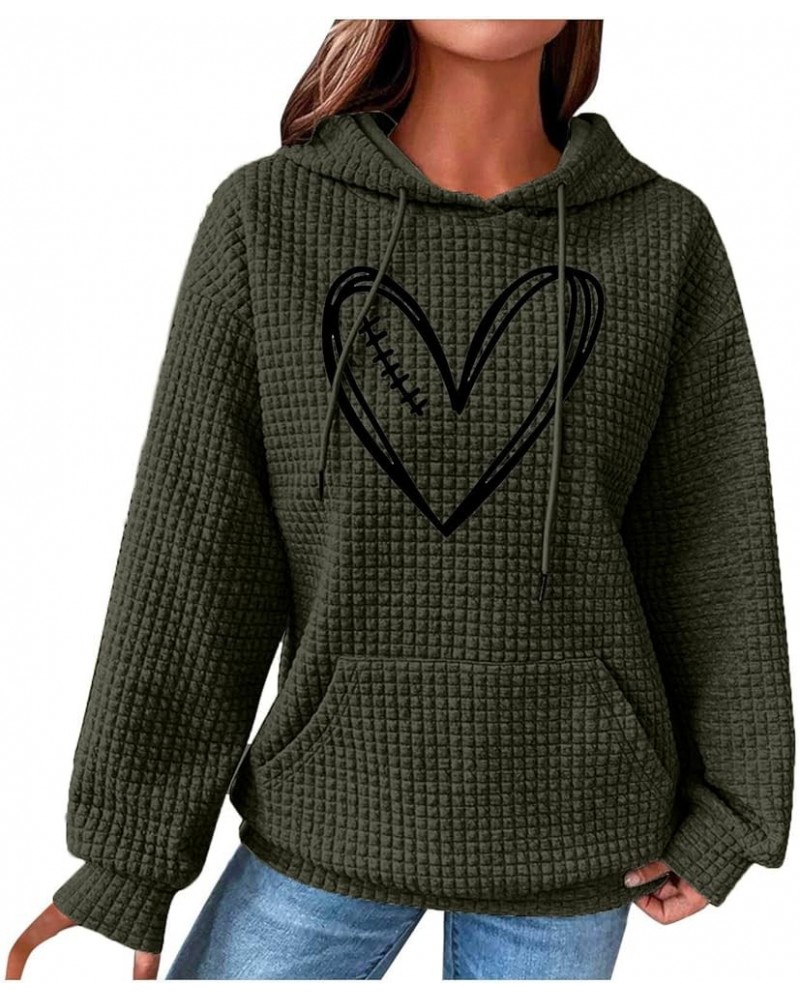 Womens Cute Waffle Knit Hoodies Casual Heart Print Long Sleeve Tops Drawstring Oversized Graphic Cotton Sweatshirt 1 Army Gre...