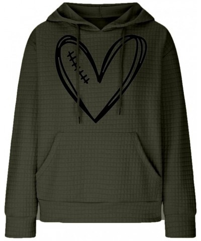 Womens Cute Waffle Knit Hoodies Casual Heart Print Long Sleeve Tops Drawstring Oversized Graphic Cotton Sweatshirt 1 Army Gre...