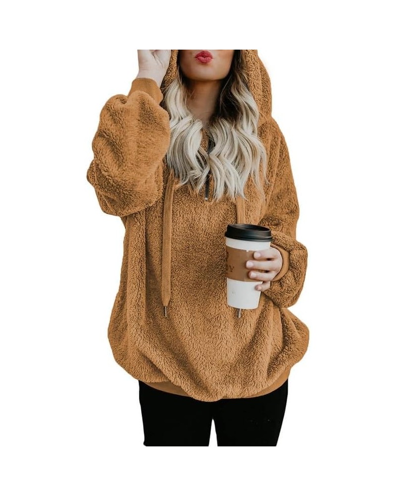 Womens 2023 Fashion Fuzzy Warm Casual Loose Hooded Sweatshirt Hoodies with Pockets Outerwear S-XXL A Khaki 2 $22.13 Hoodies &...