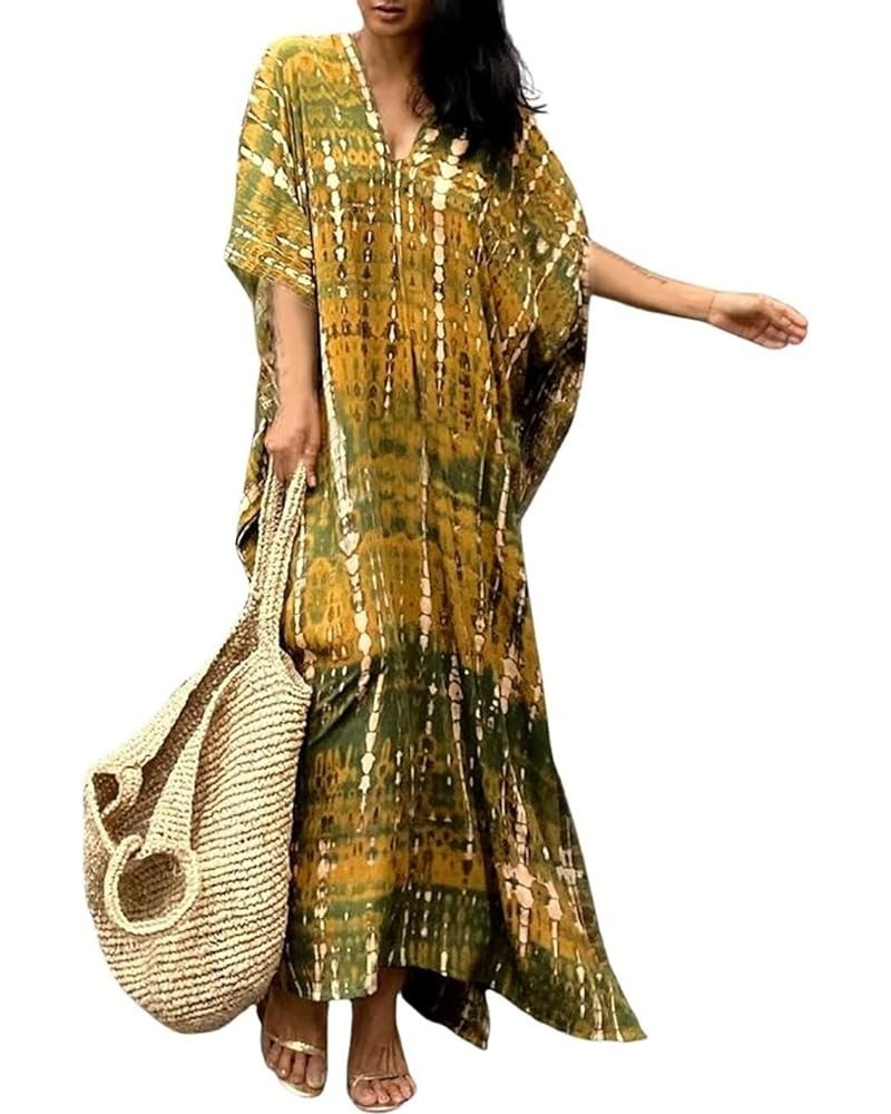 Women Print Beach Kaftan Dress Short Sleeve Plus Size Bathing Suit Cover Ups C-yellow Green $18.19 Swimsuits