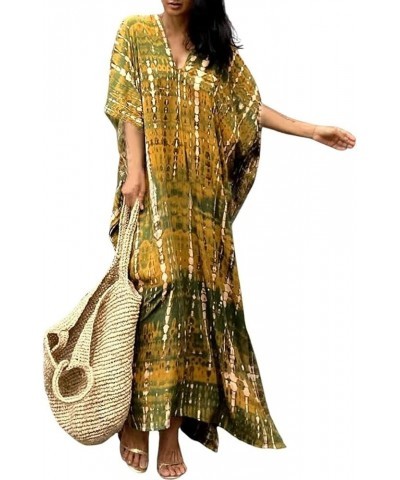 Women Print Beach Kaftan Dress Short Sleeve Plus Size Bathing Suit Cover Ups C-yellow Green $18.19 Swimsuits