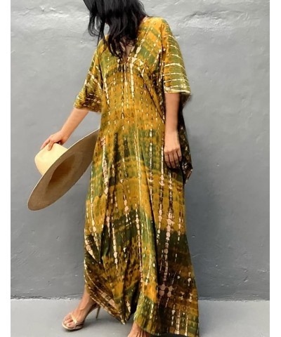 Women Print Beach Kaftan Dress Short Sleeve Plus Size Bathing Suit Cover Ups C-yellow Green $18.19 Swimsuits