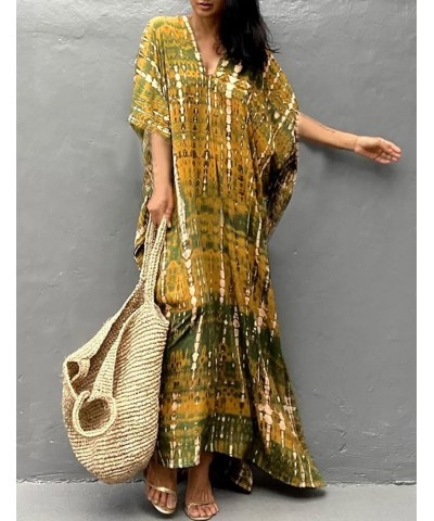 Women Print Beach Kaftan Dress Short Sleeve Plus Size Bathing Suit Cover Ups C-yellow Green $18.19 Swimsuits