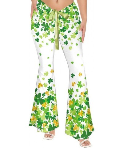 Women's St. Patrick's Day Irish Green Shamrock Palazzo Pants Clover Printed Flare Leg Pants Drawstring Tie Low Waist Trousers...