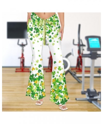 Women's St. Patrick's Day Irish Green Shamrock Palazzo Pants Clover Printed Flare Leg Pants Drawstring Tie Low Waist Trousers...