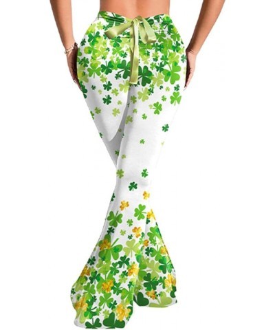 Women's St. Patrick's Day Irish Green Shamrock Palazzo Pants Clover Printed Flare Leg Pants Drawstring Tie Low Waist Trousers...