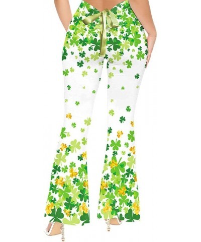 Women's St. Patrick's Day Irish Green Shamrock Palazzo Pants Clover Printed Flare Leg Pants Drawstring Tie Low Waist Trousers...