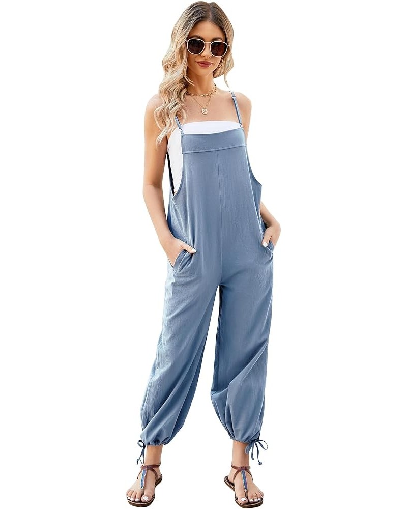 Cotton Linen Black Overalls for Women Loose Fit Adjustable Bib Overall Jumpsuit Rompers Light Blue $14.25 Overalls