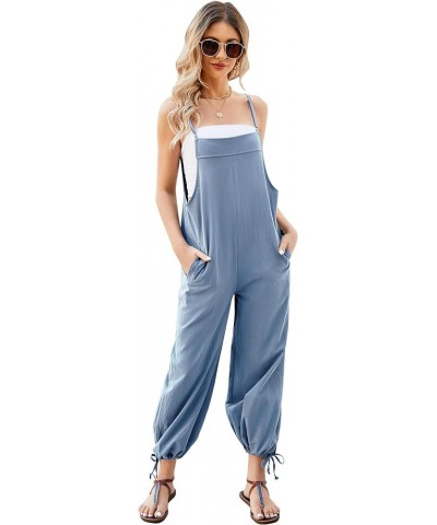 Cotton Linen Black Overalls for Women Loose Fit Adjustable Bib Overall Jumpsuit Rompers Light Blue $14.25 Overalls